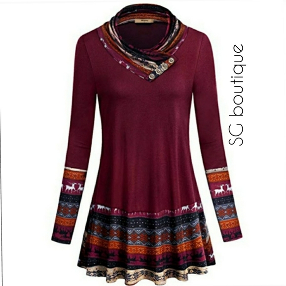 🆕⭐Plus Cozy red wine cowl neck deer tunic top - Picture 1 of 9